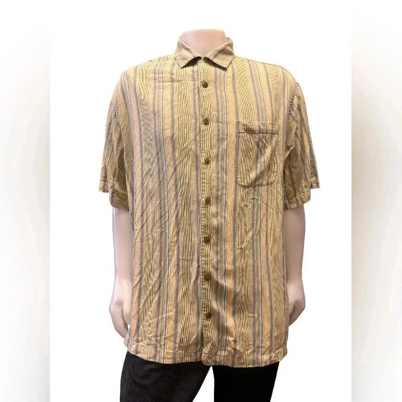 Joseph & Feiss Button  Down Shirt 100% Silk Wood Buttons Yellow/Blue Size 2XL - Picture 2 of 8